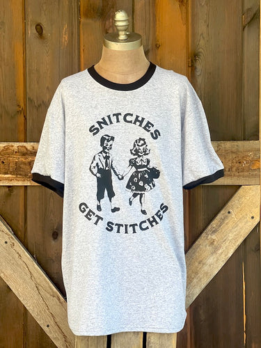 Snitches Get Stitches Ringer Tee- Grey/ Black